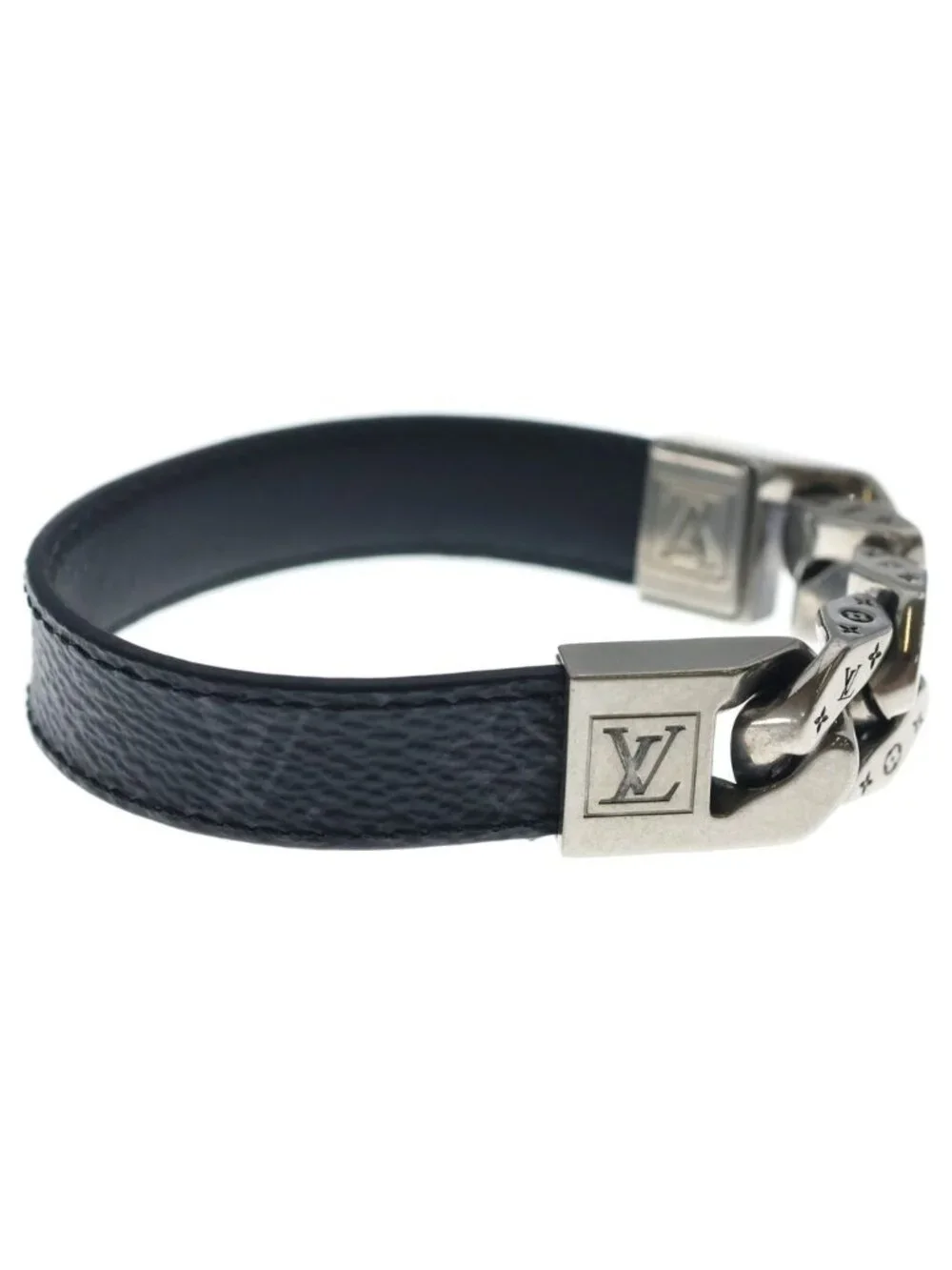 Louis Vuitton Monogram Eclipse Bra Mono Chain Leather Blur Black Silver Bracelet